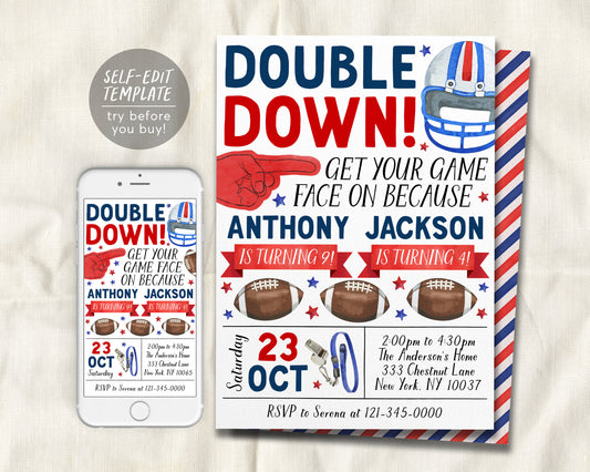 Football Joint Siblings Birthday Invitation Editable Template