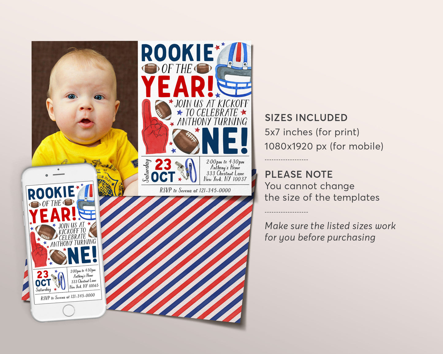 Football First Birthday Invitation With Photo Editable Template, Rookie Of The Year Invite, Kids Sports Theme It's Game Time First Year Down