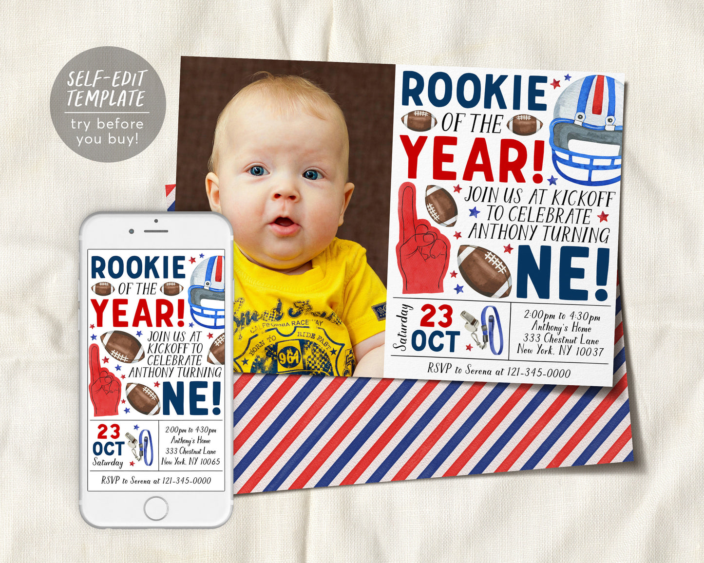 Football First Birthday Invitation With Photo Editable Template