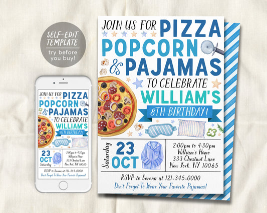 Pizza Popcorn Pajamas Birthday Invitation Editable Template