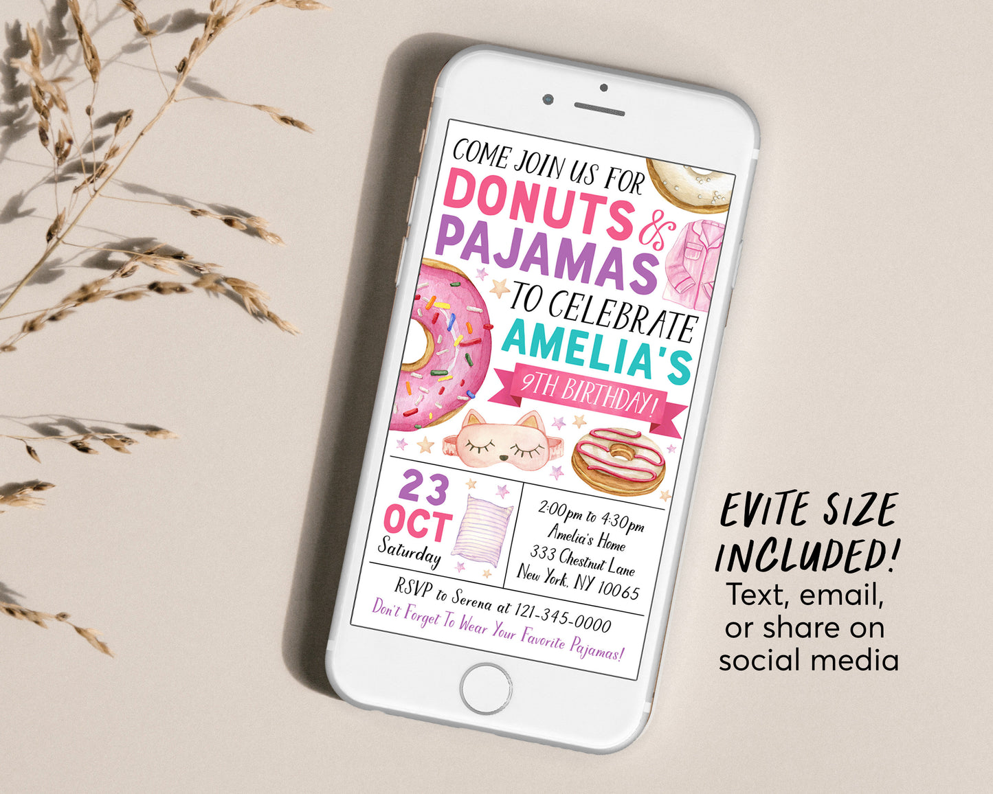 Donuts and Pajamas Birthday Invitation Editable Template, Girl Tween Sprinkles Donut Party Invite, Kids PJs Slumber Party Sleepover Evite