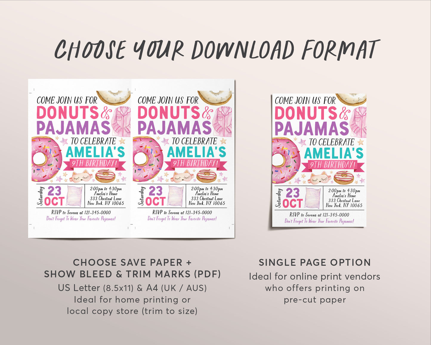 Donuts and Pajamas Birthday Invitation Editable Template, Girl Tween Sprinkles Donut Party Invite, Kids PJs Slumber Party Sleepover Evite