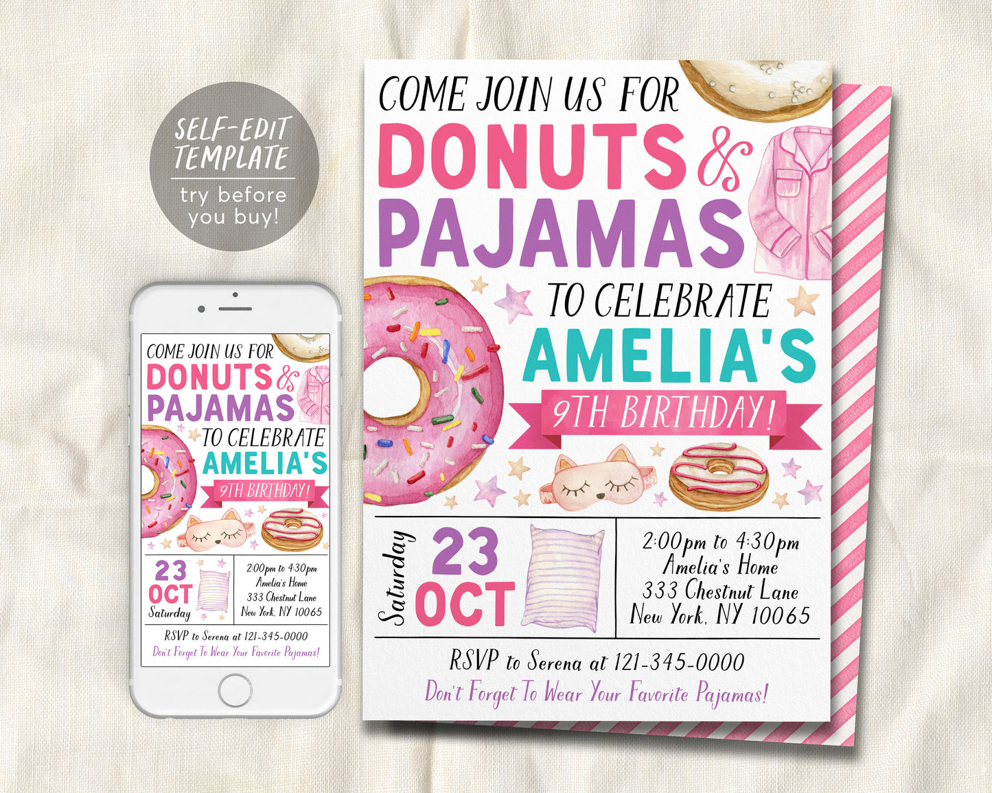 Donuts and Pajamas Birthday Invitation Editable Template