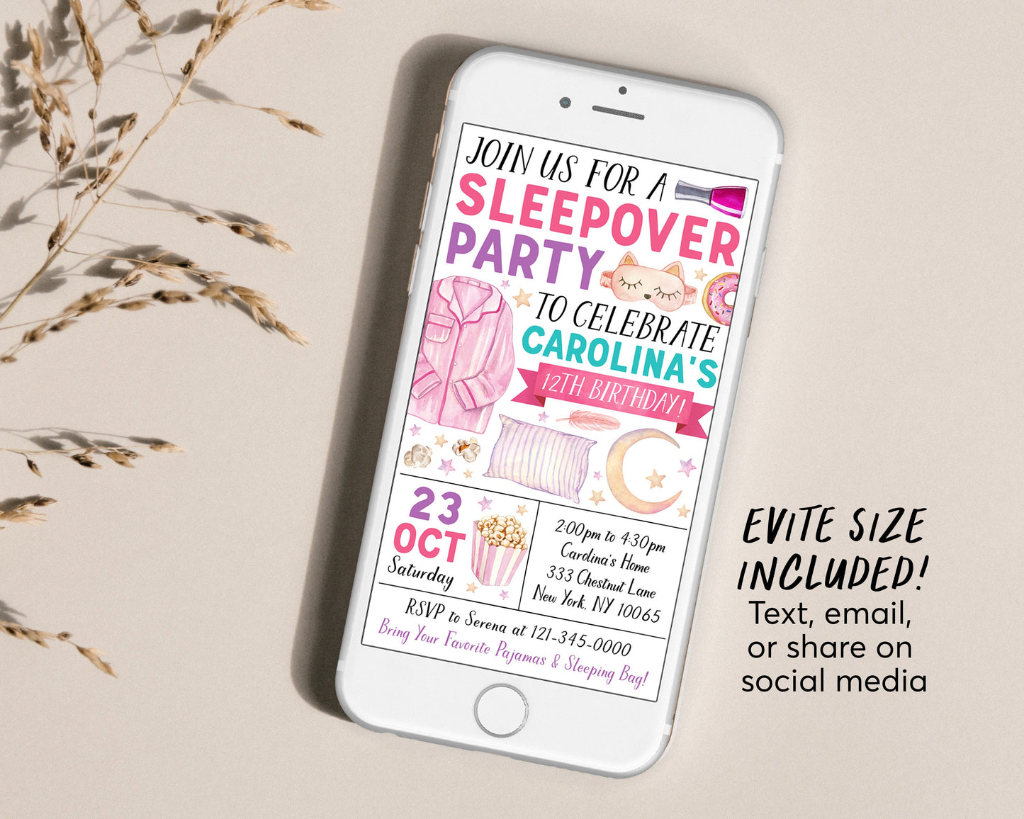 Slumber Party Birthday Invitation Editable Template, Sleepover Party Invite, Kids Girl Tween Teen Pajamas Pamper Spa Party Evite Sleep Over