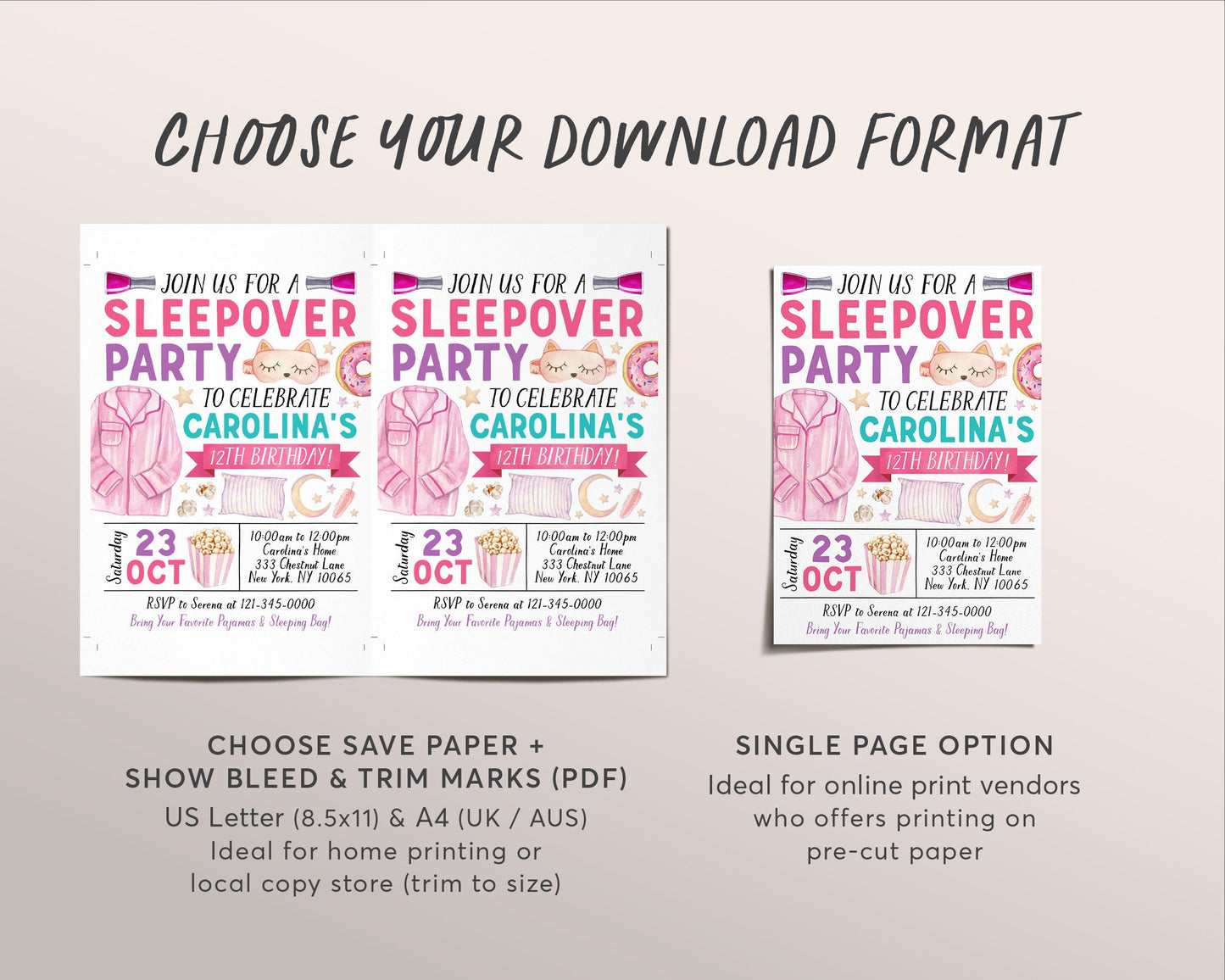 Slumber Party Birthday Invitation Editable Template, Sleepover Party Invite, Kids Girl Tween Teen Pajamas Pamper Spa Party Evite Sleep Over