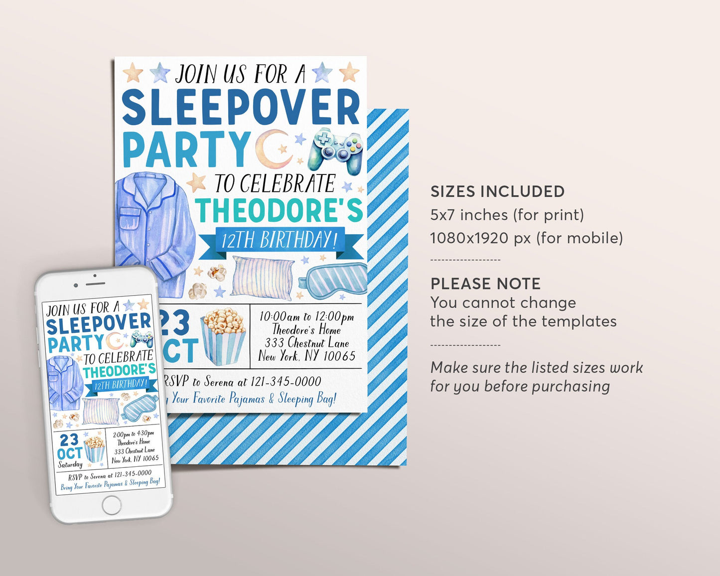 Sleepover Birthday Invitation Editable Template, Slumber Party Party Invite, Kids Boy Tween Teen Pajamas Gaming Popcorn Sleep Over Evite