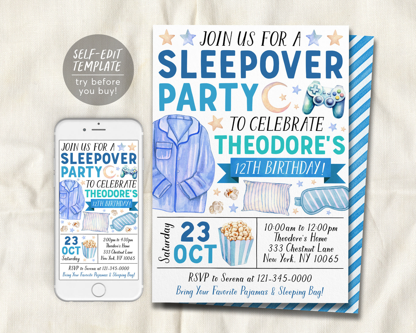 Sleepover Birthday Invitation Editable Template