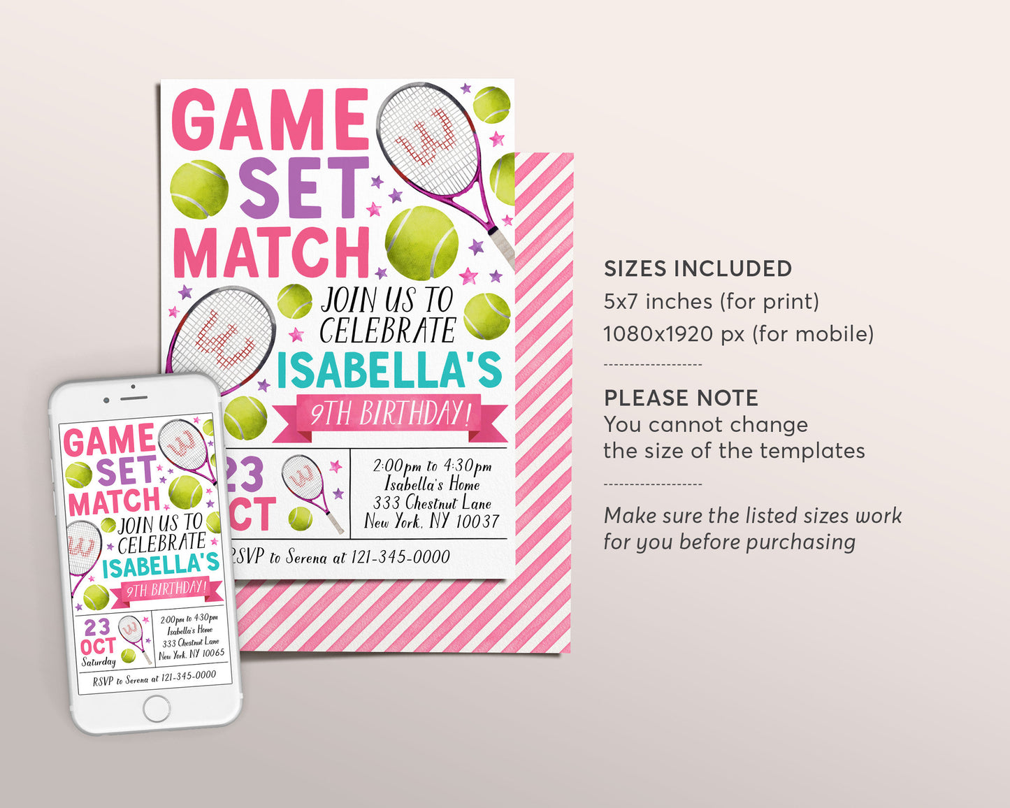 Tennis Birthday Invitation Editable Template, Girl Tennis Ball Party Invite, Kids Sports Theme Evite, Tennis Game Match Tournament Printable