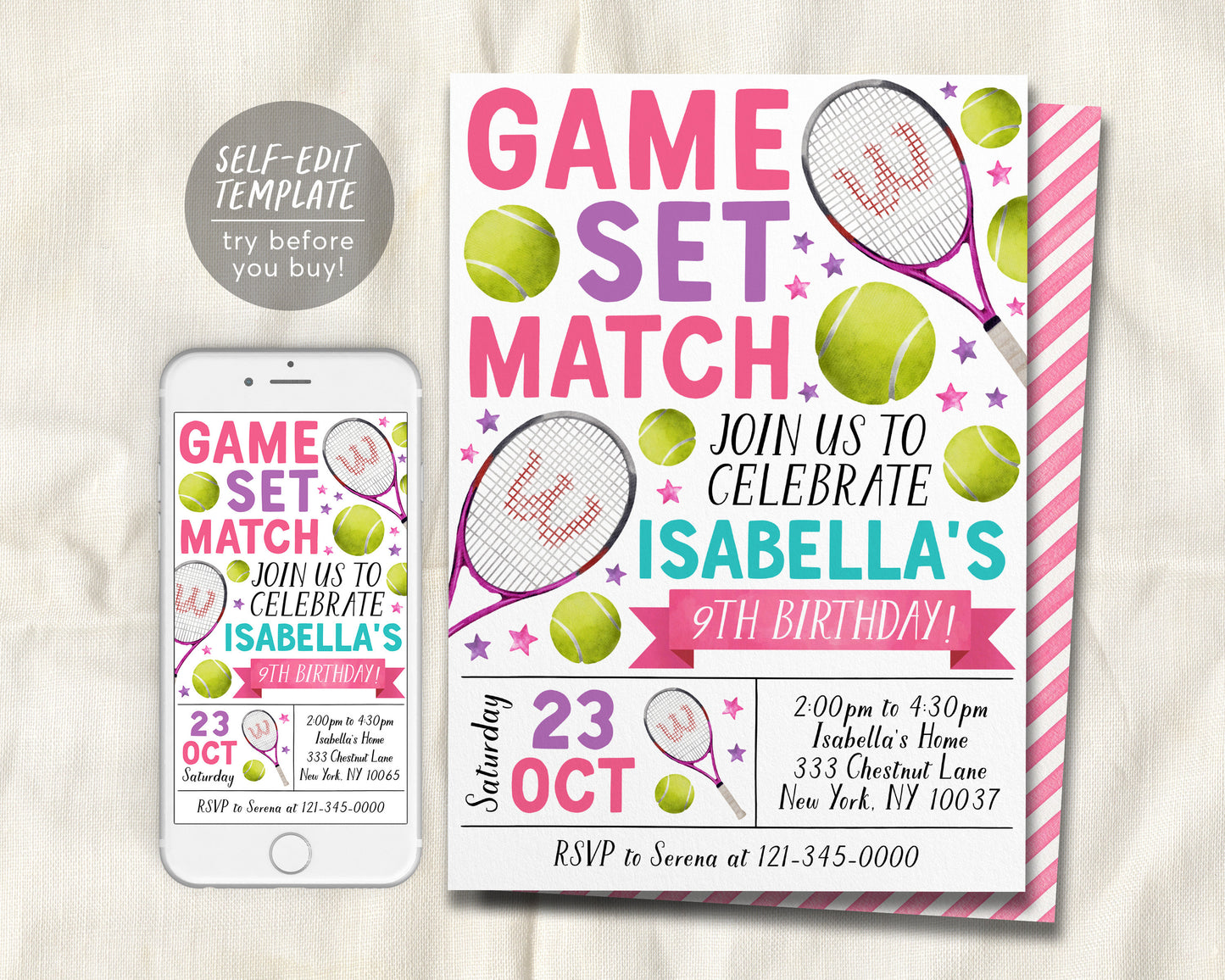 Tennis Birthday Invitation Editable Template