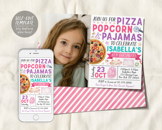 Pizza Popcorn Pajamas Birthday Invitation With Photo Editable Template