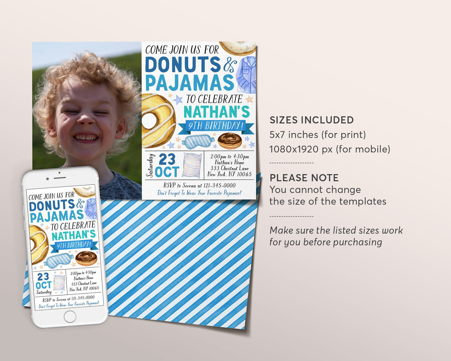 Donuts and Pajamas Birthday Invitation With Photo Editable Template, Boy Tween Donut Party Invite, Kids PJs Slumber Party Sleepover Evite