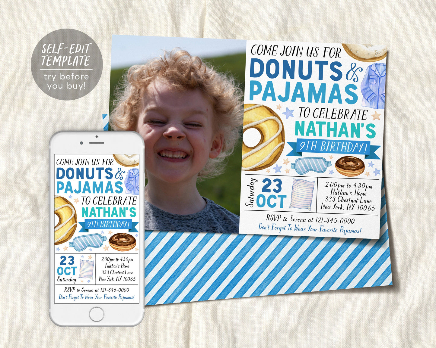 Donuts and Pajamas Birthday Invitation With Photo Editable Template