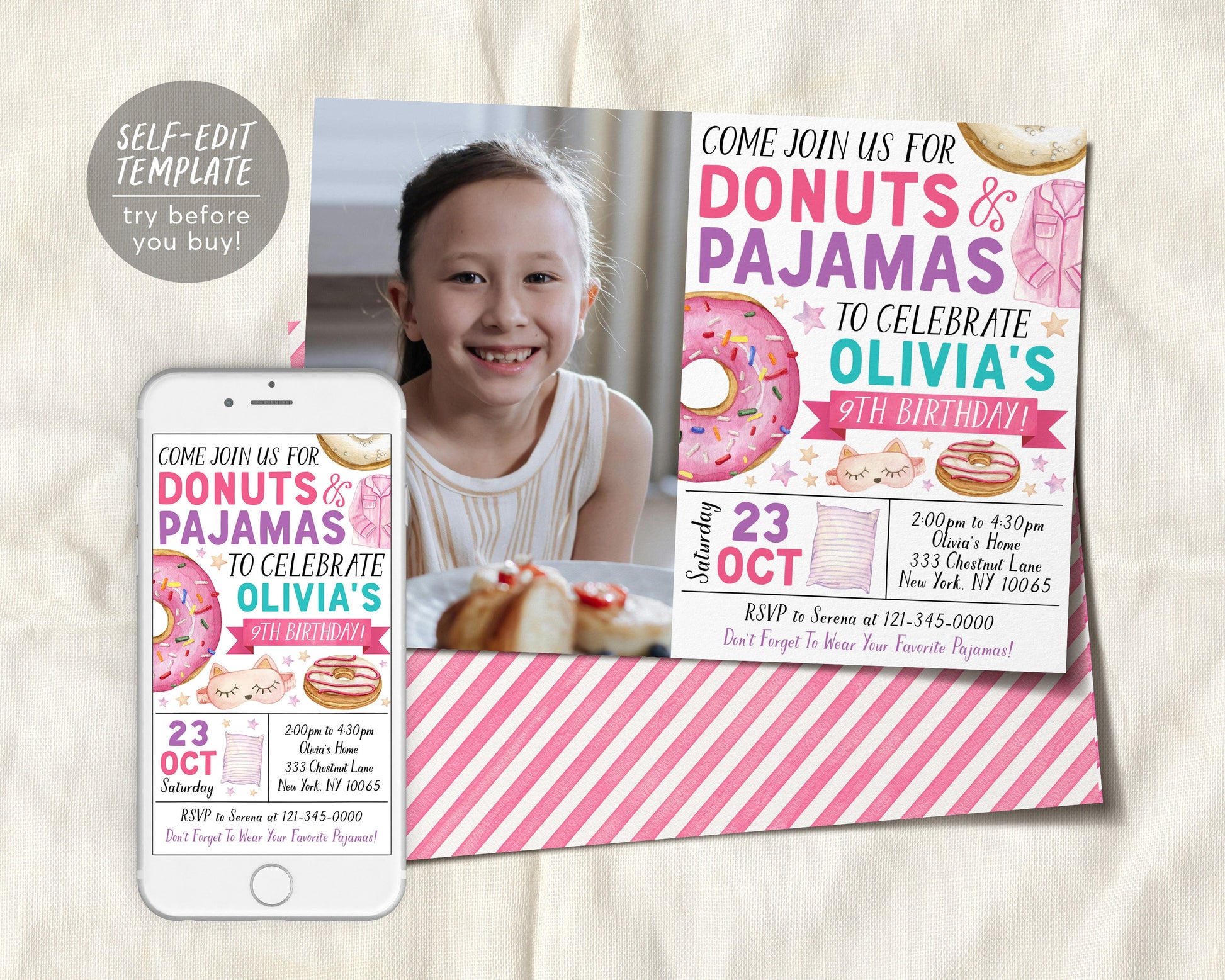 Donuts and Pajamas Birthday Invitation With Photo Editable Template