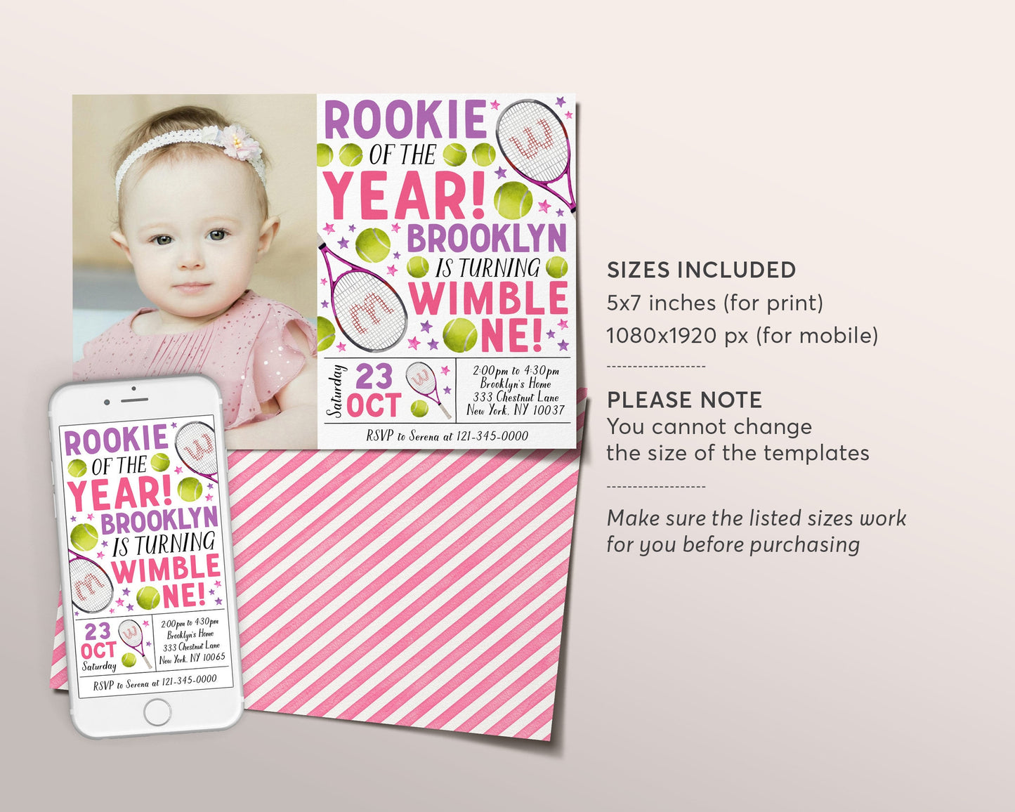 Tennis First Birthday Invitation With Photo Editable Template, Girl Wimble-One Tennis Ball Party Invite, Kids Sports Theme Evite, Game Match