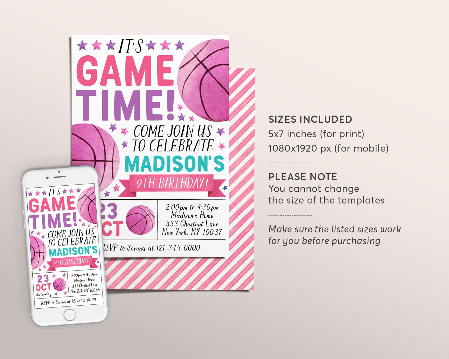 Basketball Birthday Invitation Editable Template, Girl Basketball Party Invite, Kids Sports Theme Evite, It's Game Time Slam Dunk Printable