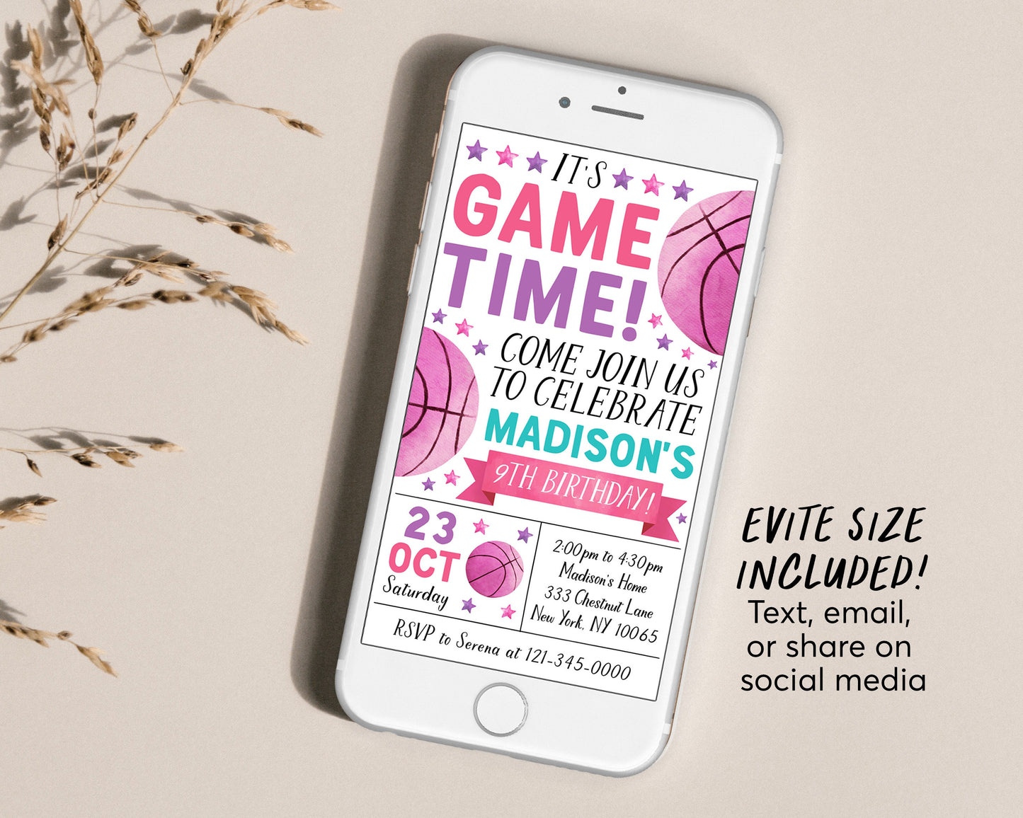 Basketball Birthday Invitation Editable Template, Girl Basketball Party Invite, Kids Sports Theme Evite, It's Game Time Slam Dunk Printable