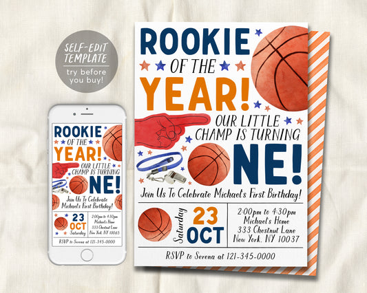 Basketball First Birthday Invitation Editable Template