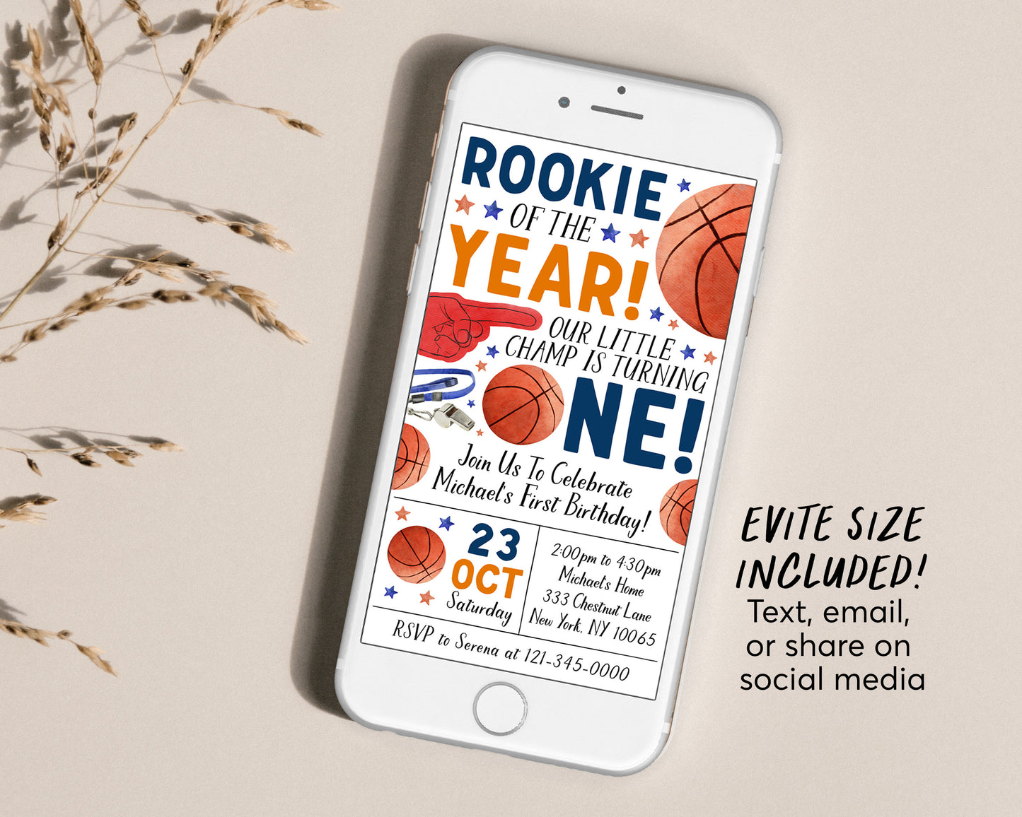 Basketball First Birthday Invitation Editable Template, Rookie Of The Year Party Invite, Kids Sports Theme Evite, It's Game Time Slam Dunk