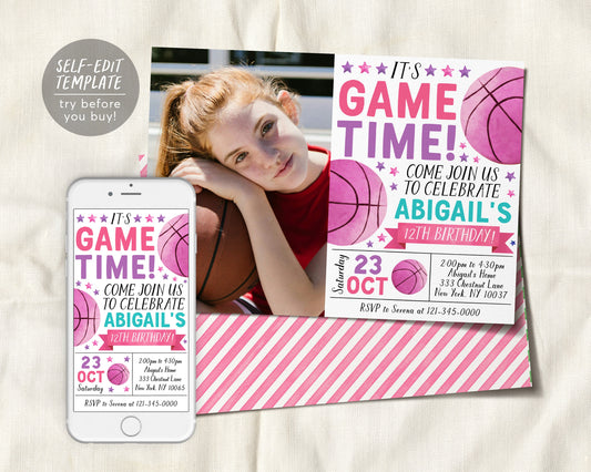 Basketball Birthday Invitation With Photo Editable Template