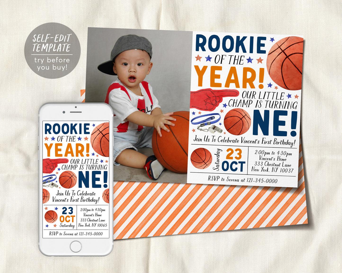 Basketball First Birthday Invitation With Photo Editable Template