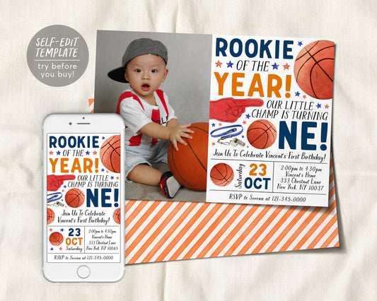 Basketball First Birthday Invitation With Photo Editable Template