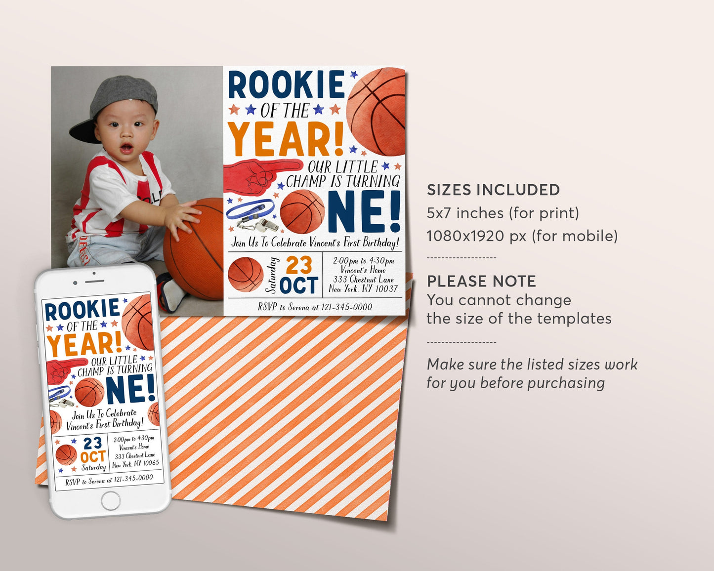 Basketball First Birthday Invitation With Photo Editable Template, Rookie Of The Year Party Invite, Kids Sports Theme Evite, It's Game Time