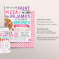 Paint Pizza and Pajamas Party Birthday Invitation Editable Template, Art Painting Party Evite, Girl Slumber Sleepover Party Dress for a Mess