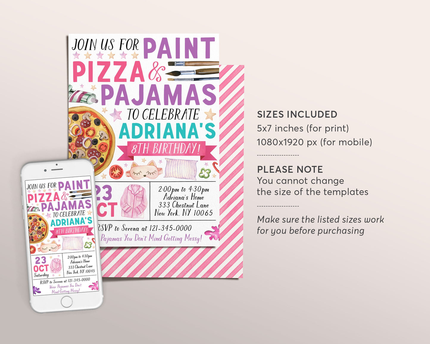 Paint Pizza and Pajamas Party Birthday Invitation Editable Template, Art Painting Party Evite, Girl Slumber Sleepover Party Dress for a Mess