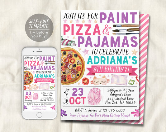 Paint Pizza and Pajamas Party Birthday Invitation Editable Template