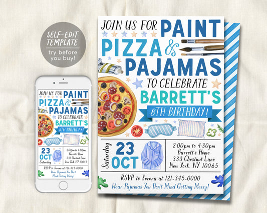Paint Pizza and Pajamas Party Birthday Invitation Editable Template