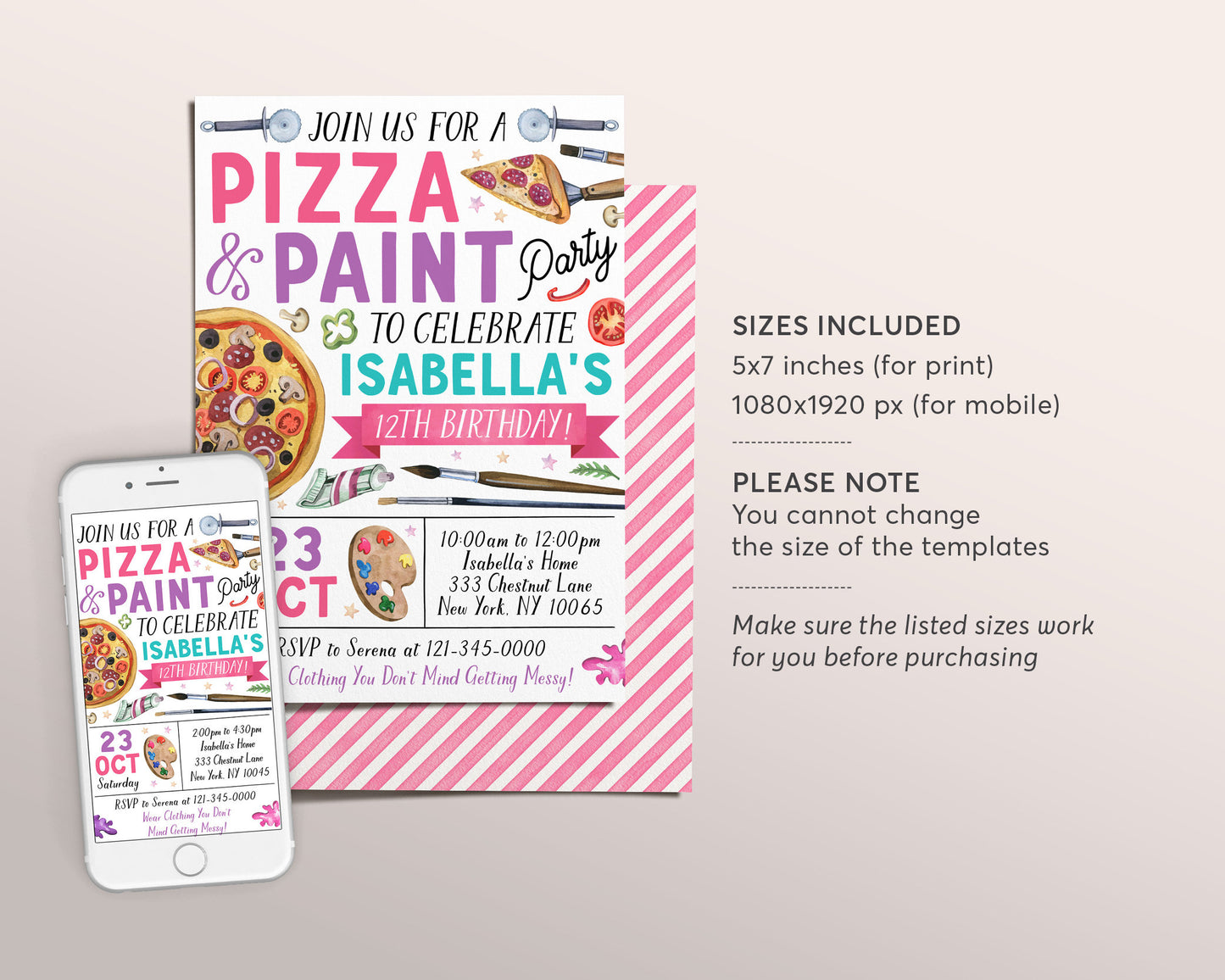 Pizza and Paint Party Birthday Invitation Editable Template, Girl Teen Tween Painting and Pizza Evite, Dress for a Mess, Art Painting Party