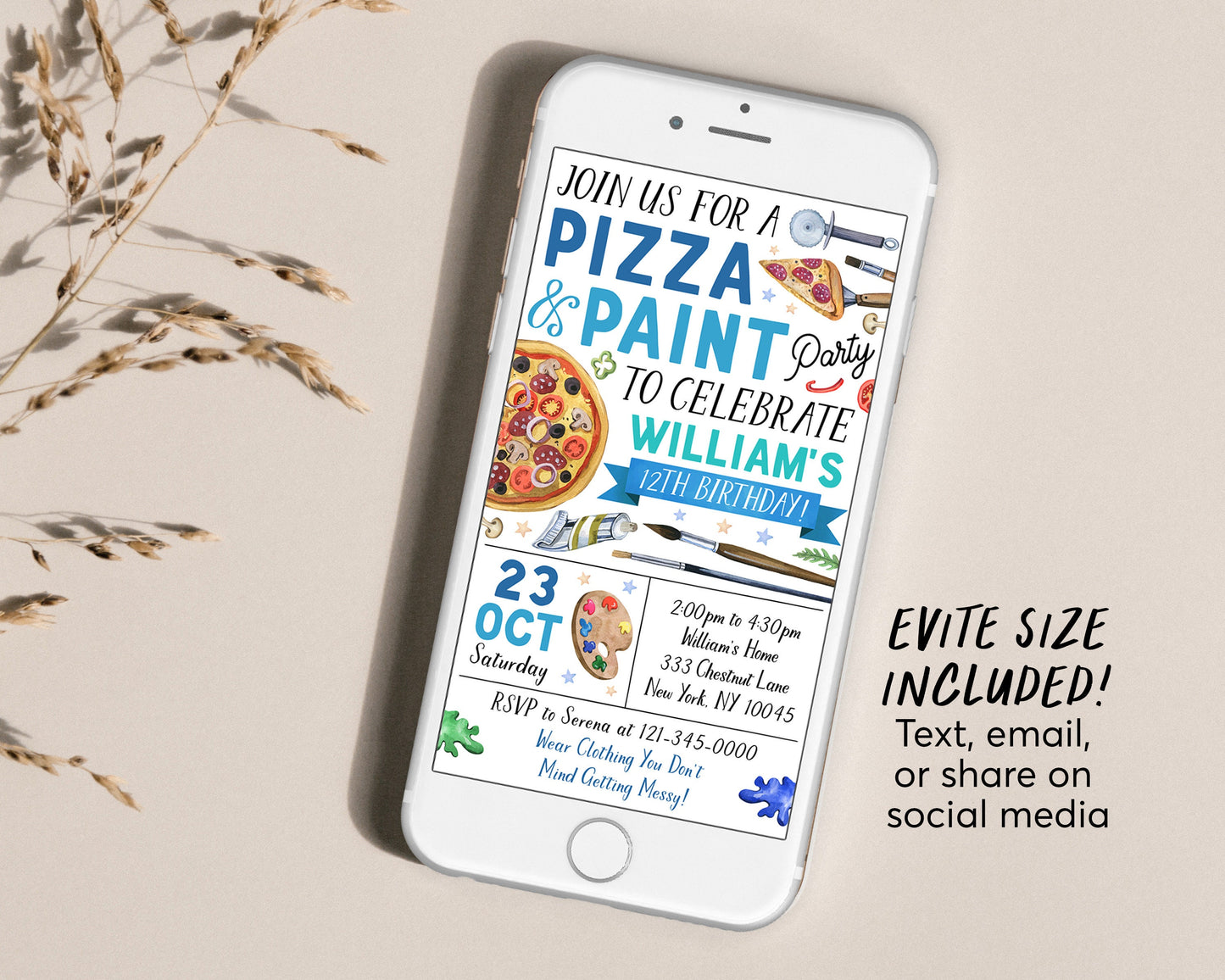 Pizza and Paint Party Birthday Invitation Editable Template, Boy Teen Tween Painting and Pizza Evite, Dress for a Mess, Art Painting Party