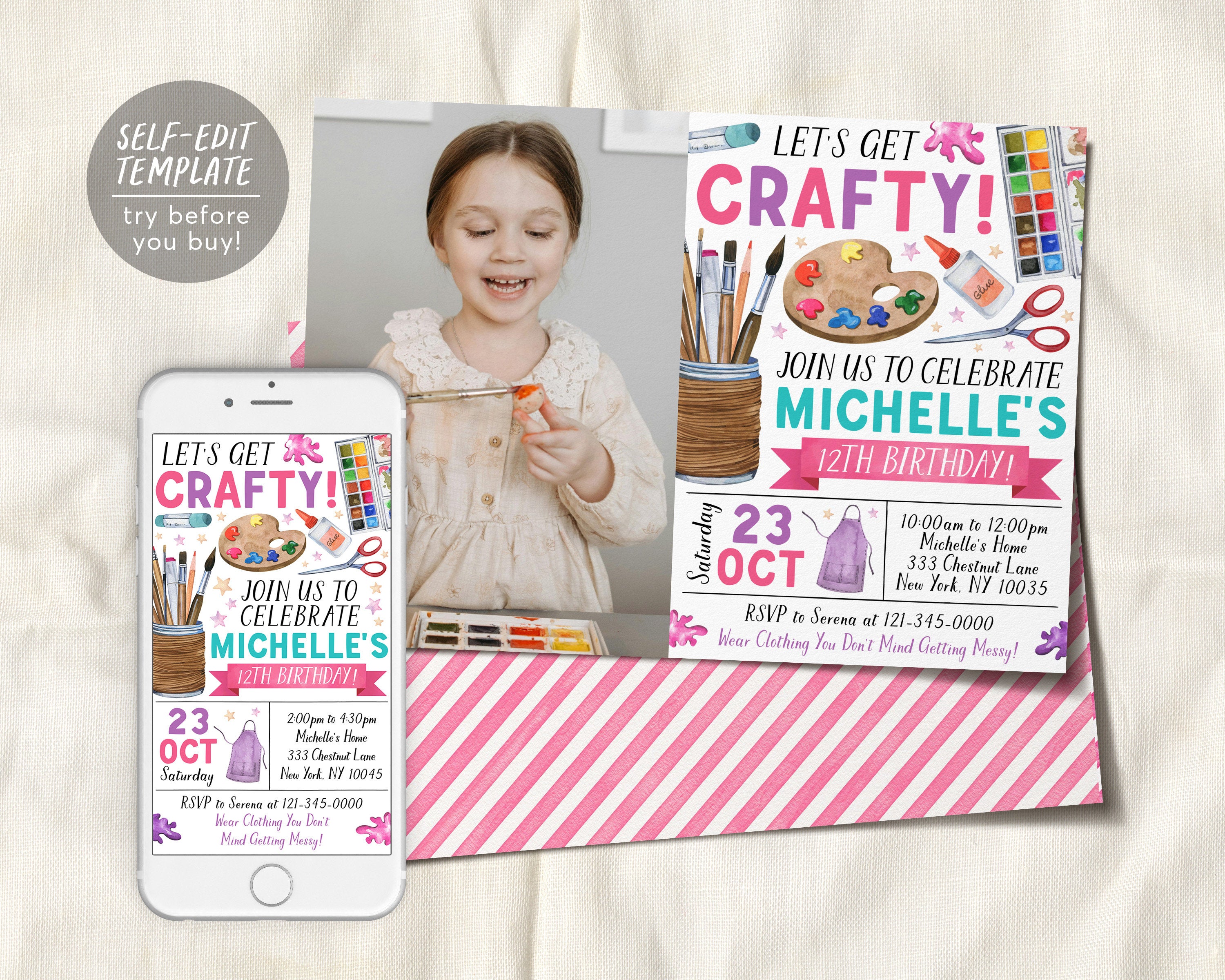 Craft Birthday Party Invitation With Photo Editable Template, Art and ...
