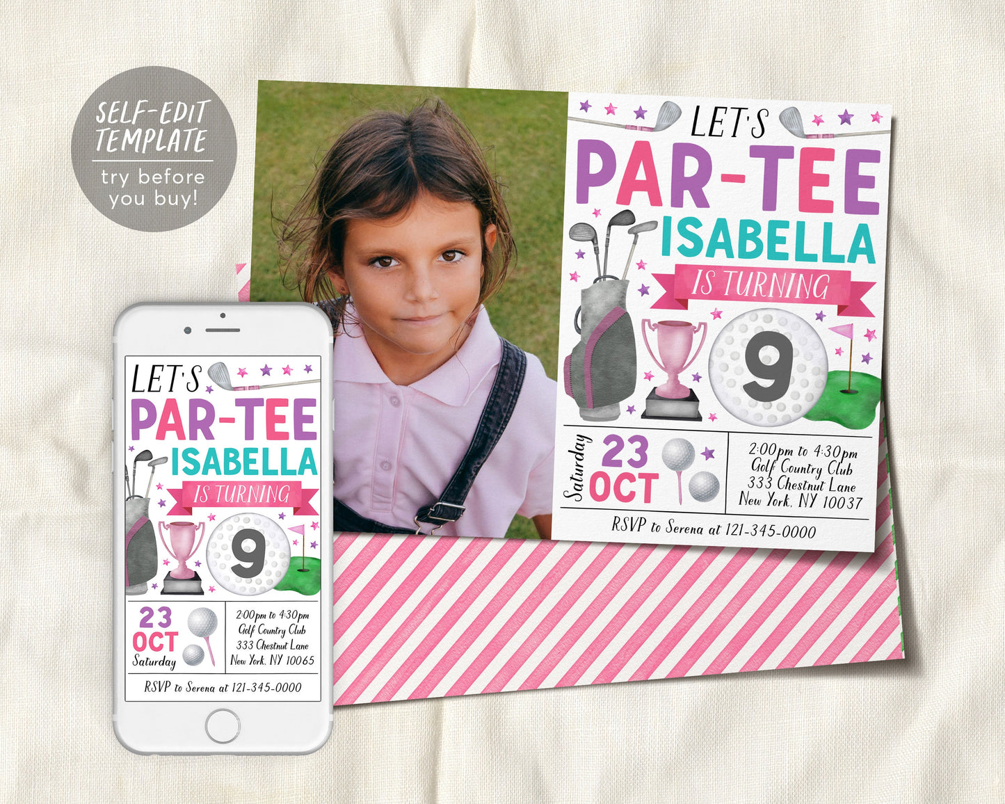 Golf Birthday Invitation With Photo Editable Template