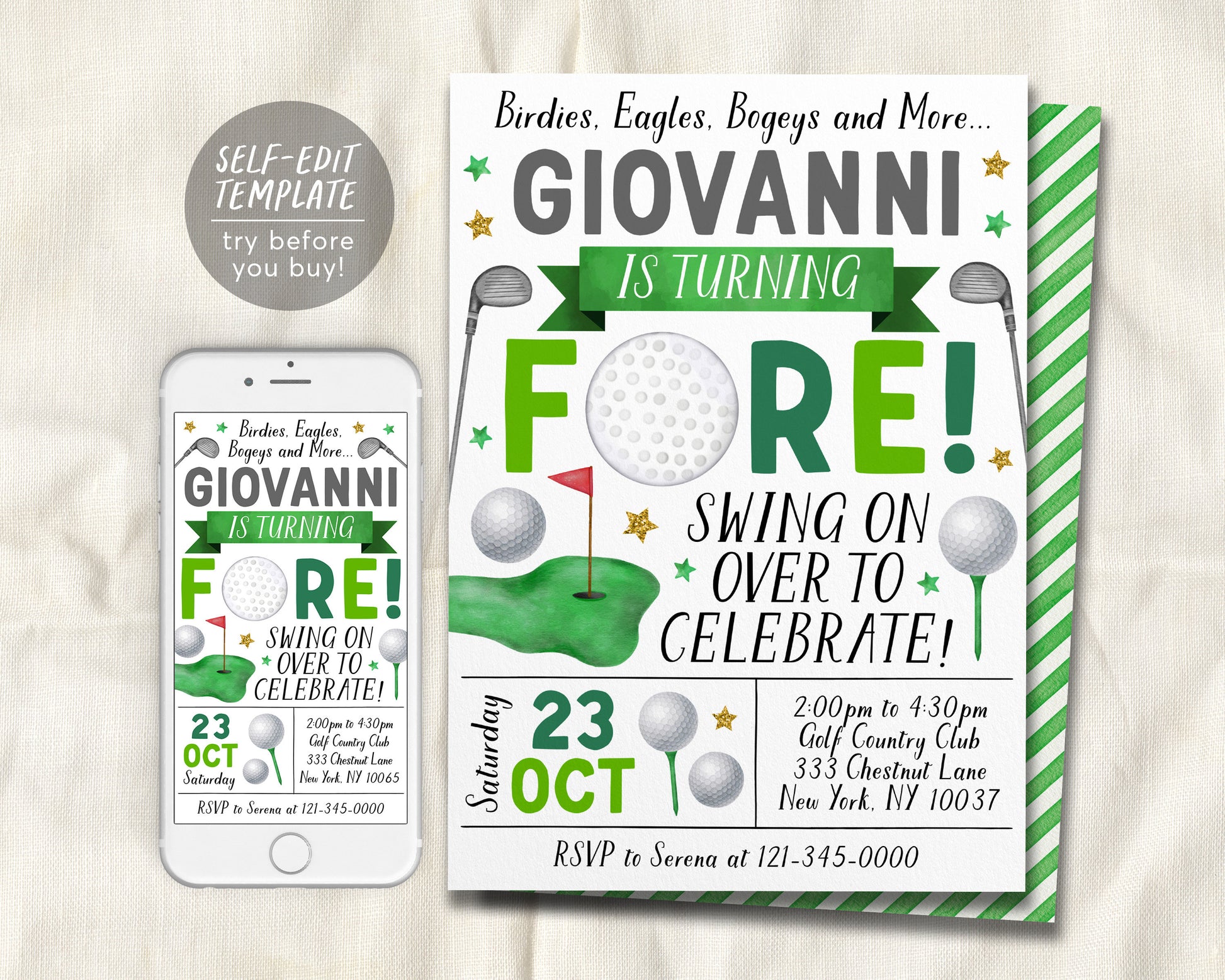 Golf Fourth Birthday Invitation Editable Template