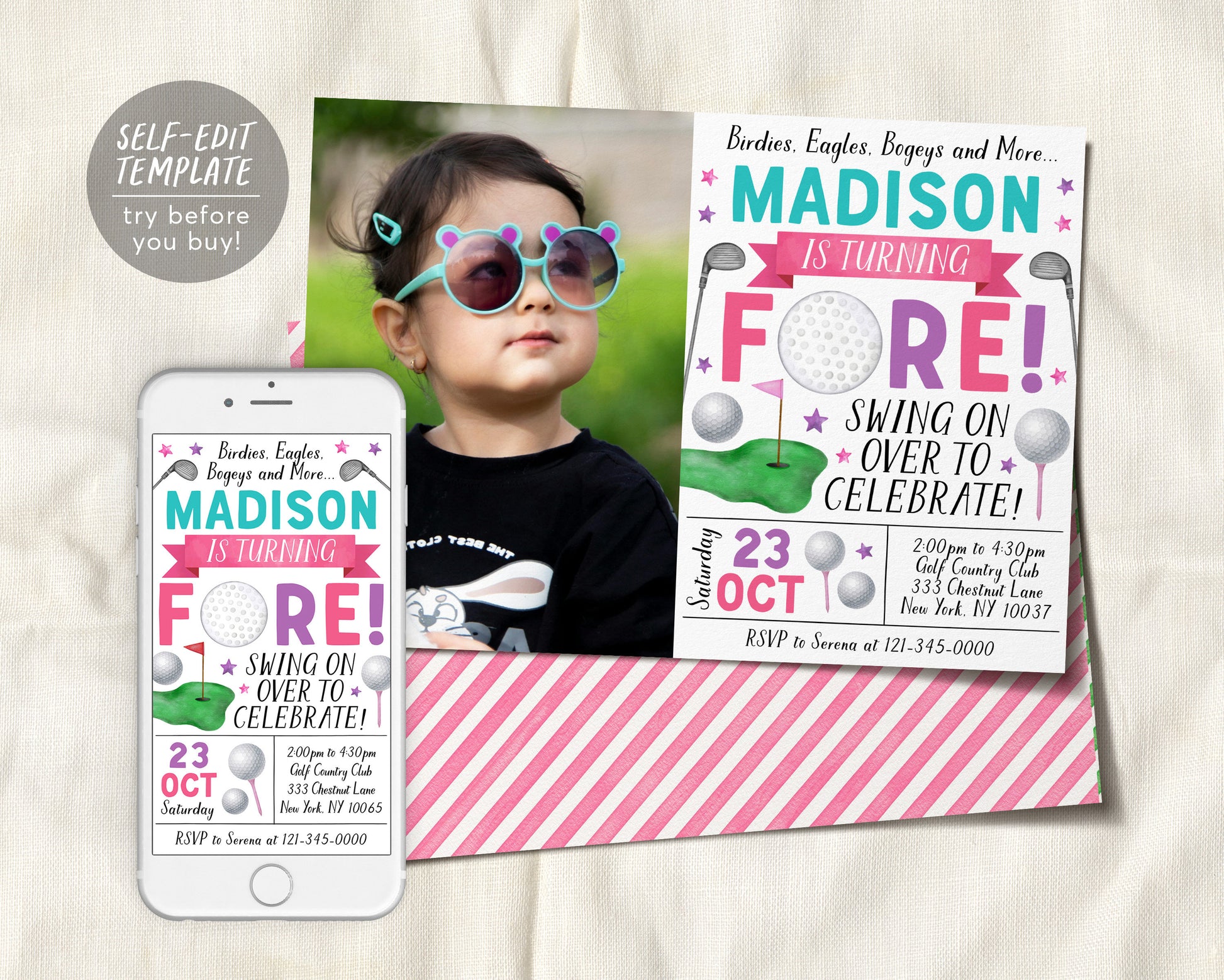 Golf Fourth Birthday Invitation With Photo Editable Template