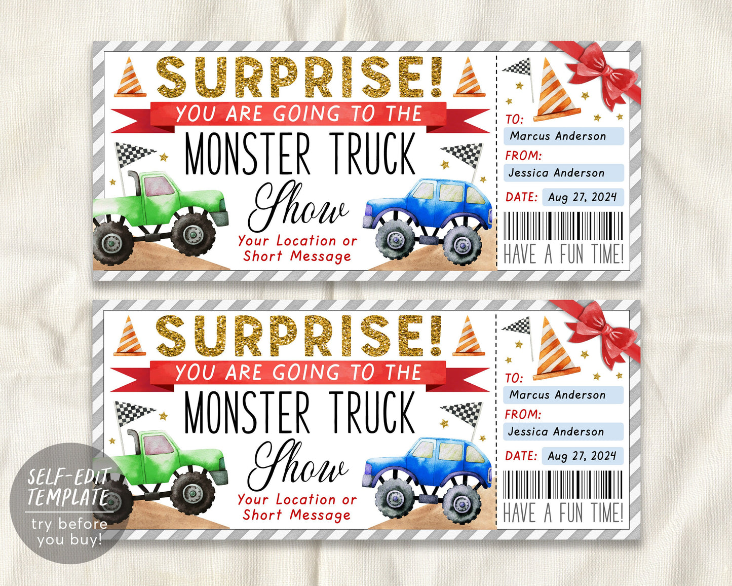 Surprise Monster Truck Show Ticket Editable Template