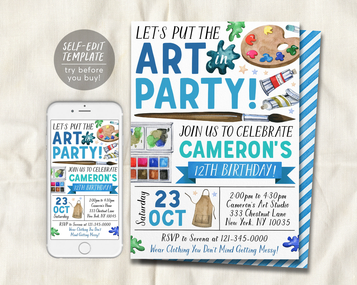 Art Birthday Party Invitation Editable Template