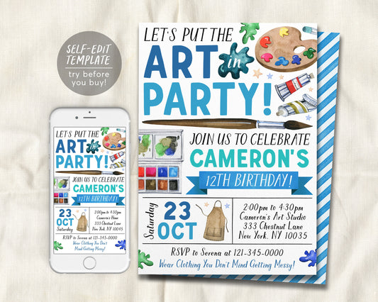 Art Birthday Party Invitation Editable Template