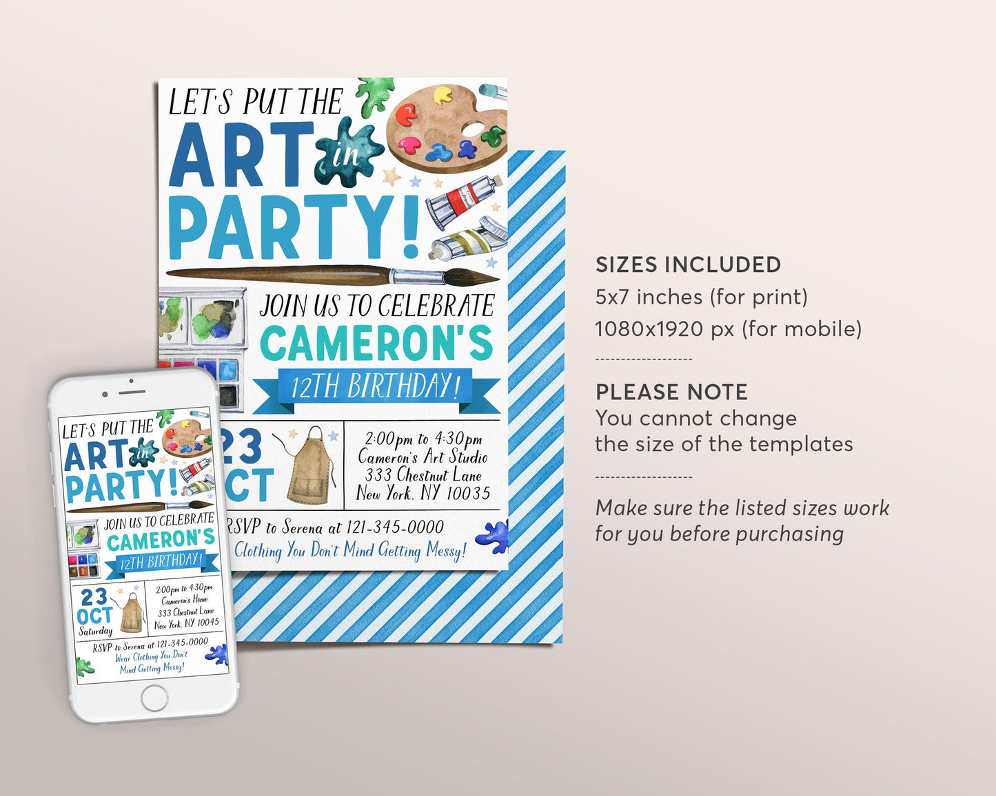 Art Birthday Party Invitation Editable Template, Art and Craft Party Invite, Lets Put The Art In Party Evite, Boy Lets Create Art Painting