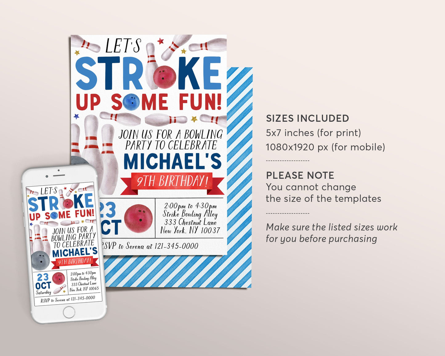 Bowling Birthday Invitation Editable Template, Boy Strike Up Some Fun Bowling Alley Party Invite, Kids Bowling Ball Pin Evite Printable