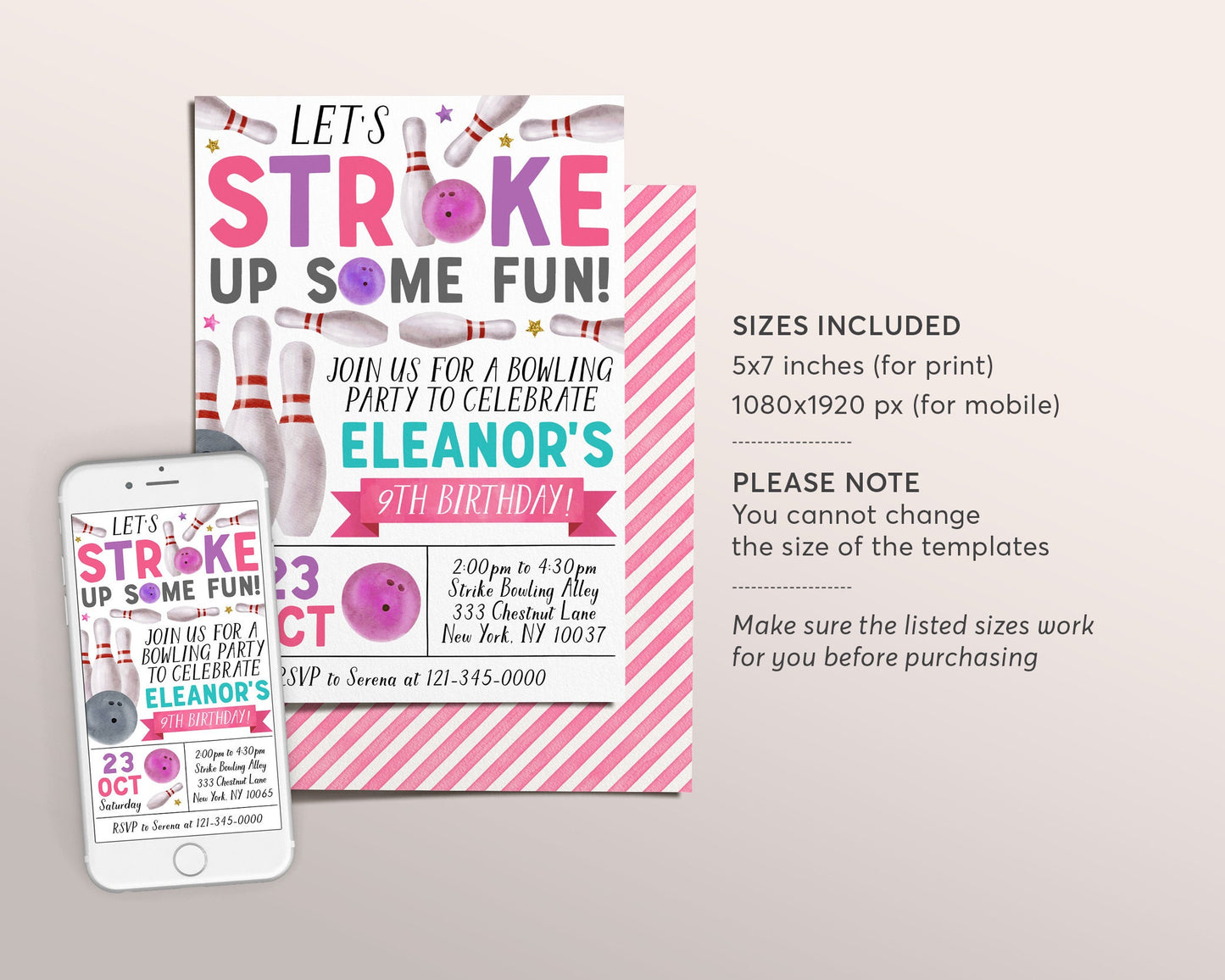 Bowling Birthday Invitation Editable Template, Girl Strike Up Some Fun Bowling Alley Party Invite, Kids Bowling Ball Pin Evite Printable