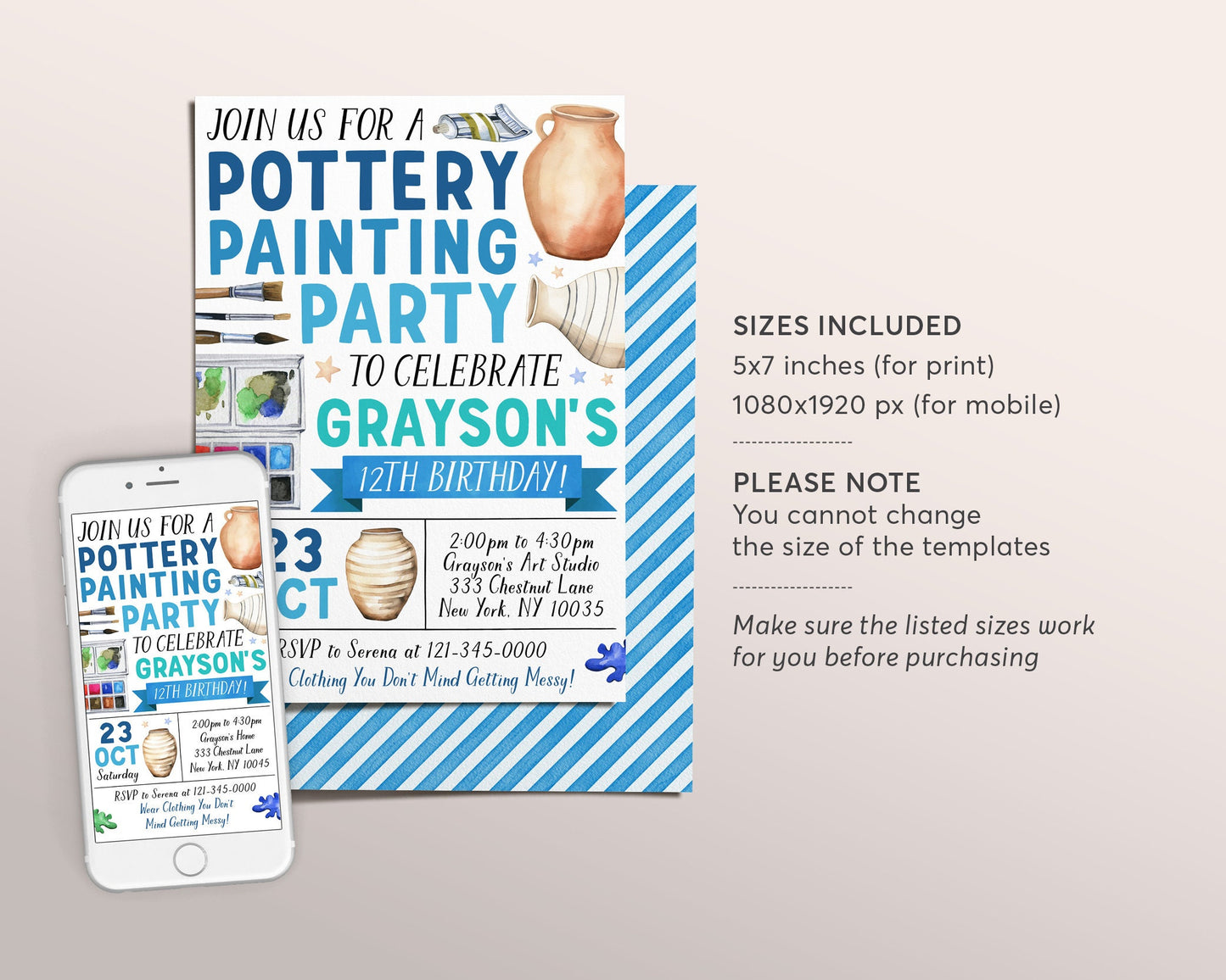 Pottery Party Invitation Editable Template, Pottery Painting Party Invite, Boy Art Paint Craft Evite, Ceramics Studio Kids Tween Printable