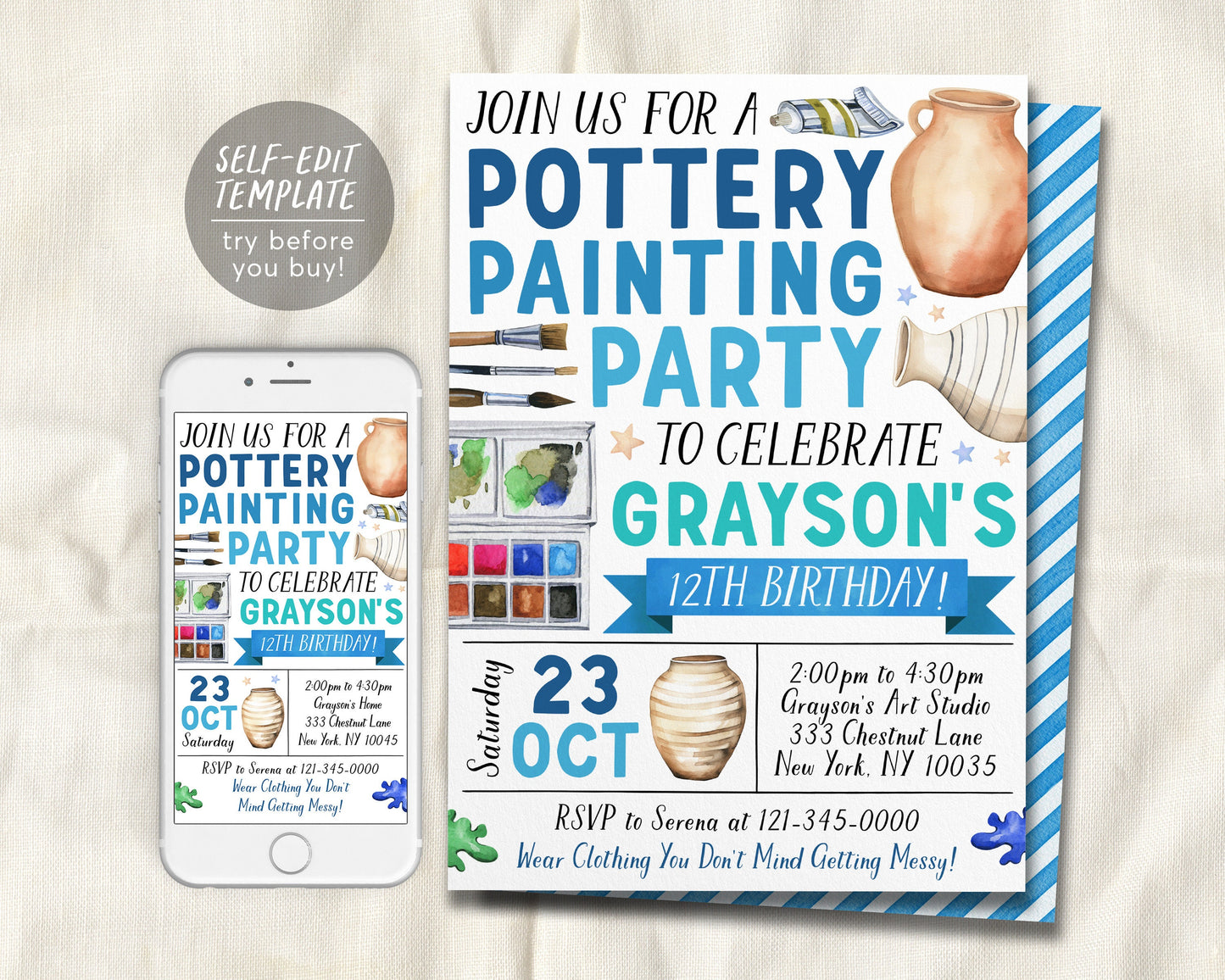 Pottery Party Invitation Editable Template