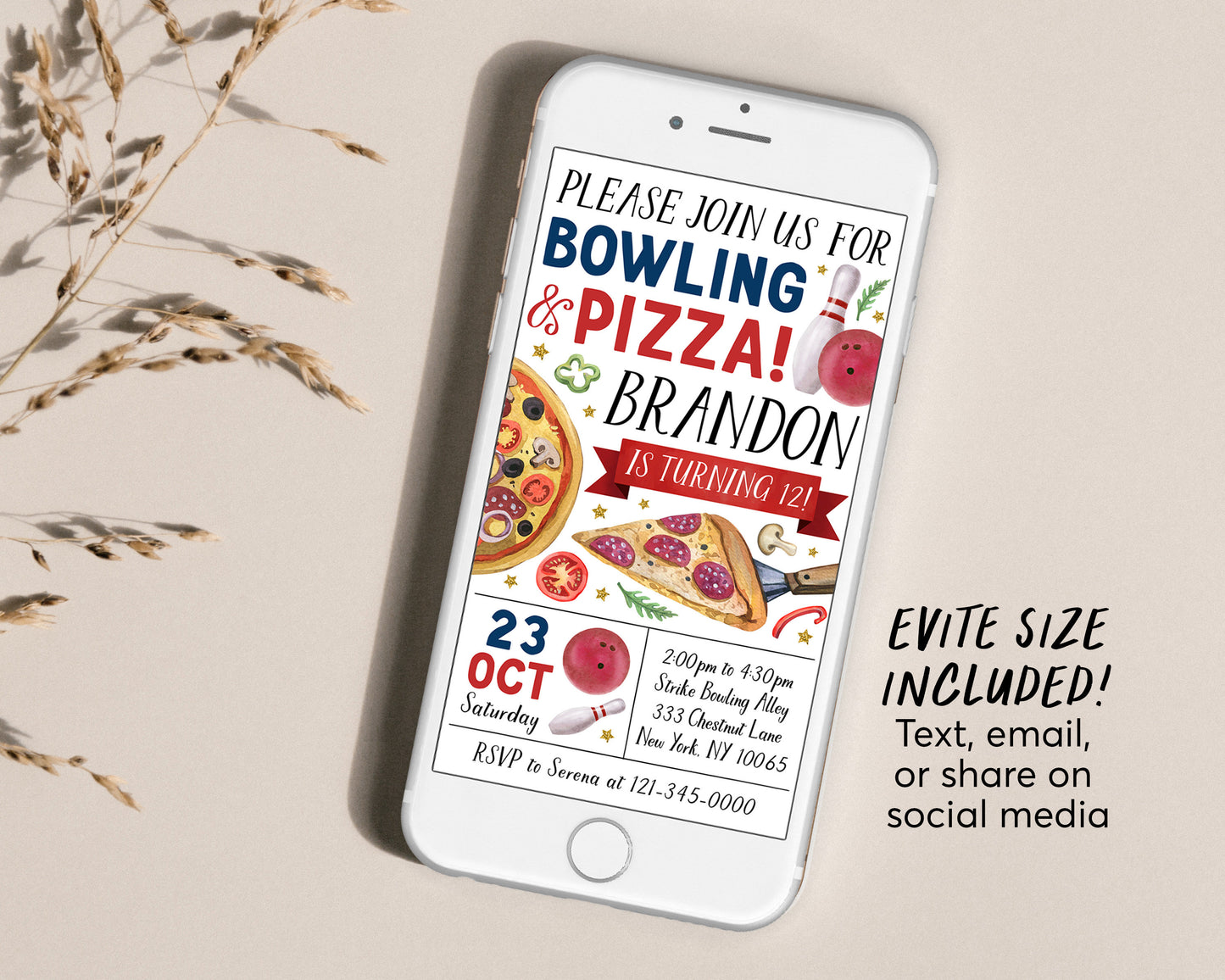 Bowling And Pizza Birthday Invitation Editable Template, Boy Strike Up A Slice Of Fun Party Invite, Kids Bowling Ball Pin Evite Printable