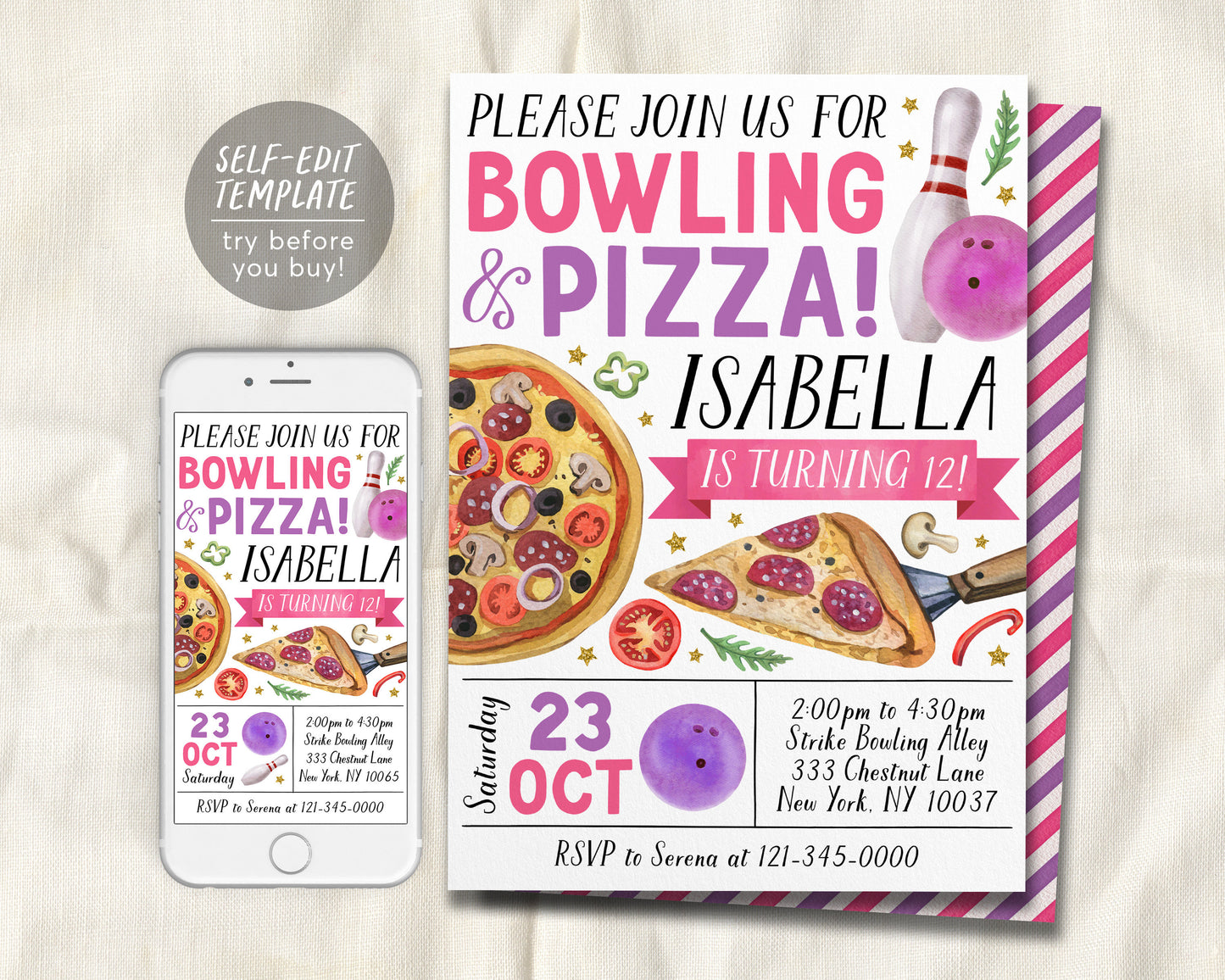 Bowling And Pizza Birthday Invitation Editable Template