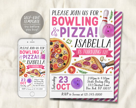 Bowling And Pizza Birthday Invitation Editable Template