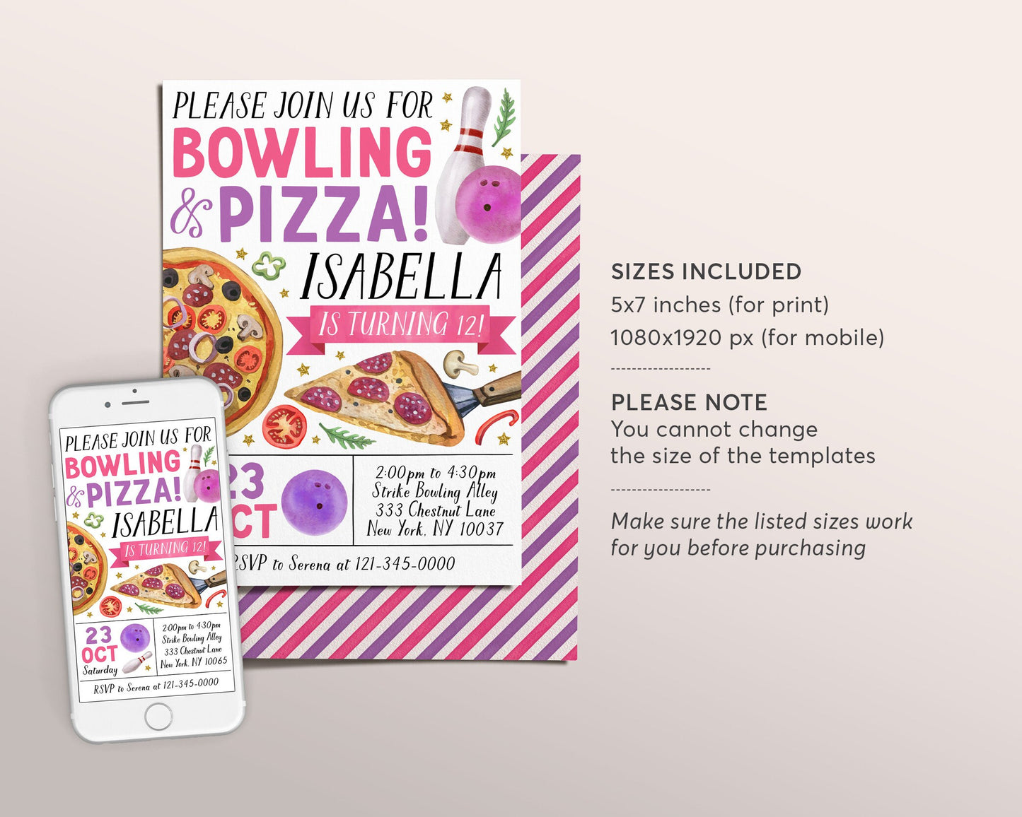 Bowling And Pizza Birthday Invitation Editable Template, Girl Strike Up A Slice Of Fun Party Invite, Kids Bowling Ball Pin Evite Printable