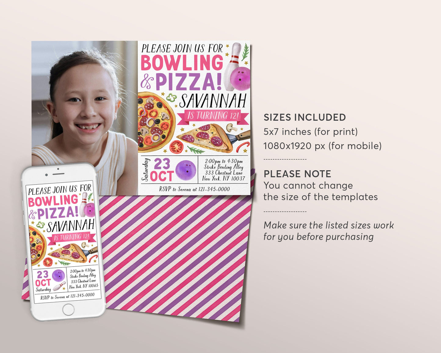 Bowling And Pizza Birthday With Photo Invitation Editable Template, Girl Strike Up A Slice Of Fun Party Invite, Kids Bowling Ball Pin Evite