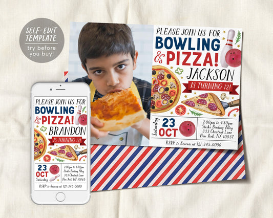 Bowling And Pizza Birthday Invitation With Photo Editable Template